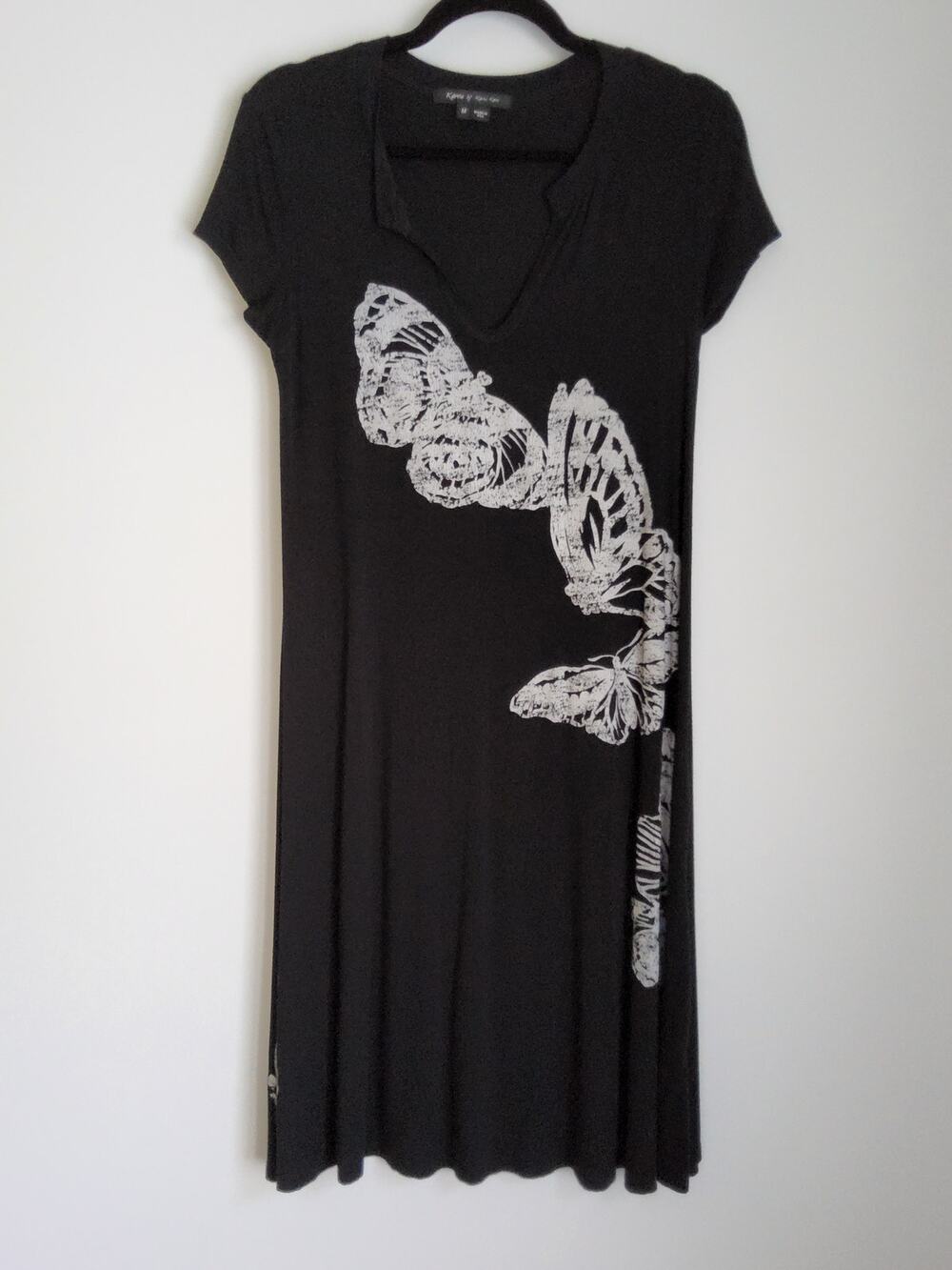 Karen by Karen Kane Butterfly Print Knit Dress Black Short Sleeve Made USA M